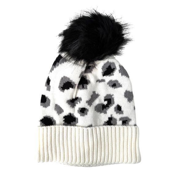 Virginia Wolf Leopard Beanie with Faux Fur Snap Pom Pom - White / Black - NIB - Picture 1 of 5